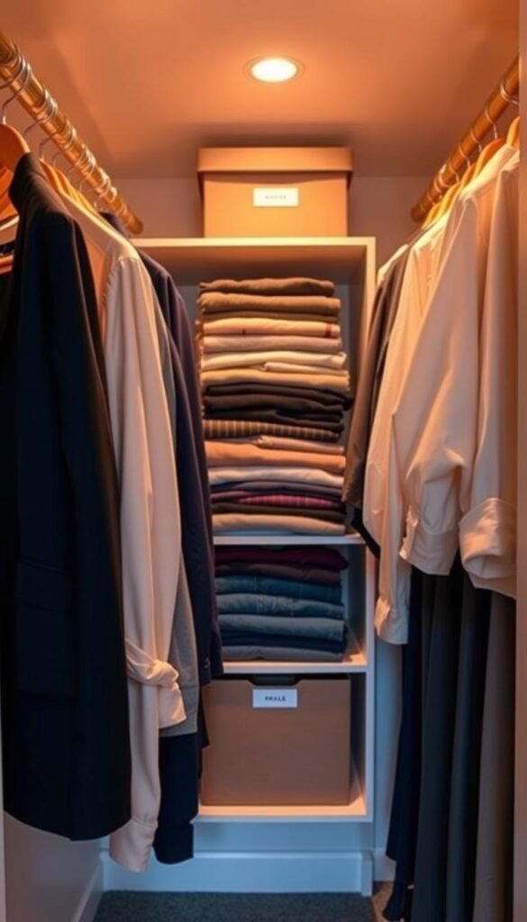 A neatly organized closet interior showcasing a division between items to hang and those to fold. In the foreground, hangers hold various types of clothing—smart blazers, dresses, and shirts in professional attire, illuminated by warm, soft lighting to create a cozy atmosphere. In the middle, a neatly arranged stack of folded clothes like sweaters, t-shirts, and jeans sits on a shelf, adding color and texture. The background features organized storage boxes labeled for easy access. Use a wide-angle lens to capture a spacious feel, emphasizing order and clarity. The mood is calm and inviting, illustrating the benefits of effective closet organization.