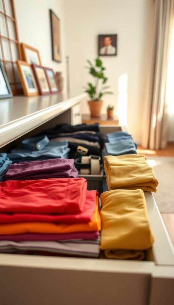 A neatly organized dresser drawer showcasing the file-fold method of clothing organization. In the foreground, vibrant folded shirts in various colors are neatly stacked, providing a visually pleasing arrangement. In the middle, a few pairs of neatly folded pants and accessories like belts and ties are subtly arranged, highlighting the efficiency of this organization style. The background features a softly lit room where the dresser is placed, with a hint of decorative elements like a potted plant and framed photos enhancing the homely feel. Warm, natural lighting filters in from a window, creating an inviting atmosphere. The image is taken from a slightly elevated angle, capturing the drawer's contents while emphasizing the overall tidiness and harmony of the space. A neatly organized dresser drawer showcasing the file-fold method of clothing organization. In the foreground, vibrant folded shirts in various colors are neatly stacked, providing a visually pleasing arrangement. In the middle, a few pairs of neatly folded pants and accessories like belts and ties are subtly arranged, highlighting the efficiency of this organization style. The background features a softly lit room where the dresser is placed, with a hint of decorative elements like a potted plant and framed photos enhancing the homely feel. Warm, natural lighting filters in from a window, creating an inviting atmosphere. The image is taken from a slightly elevated angle, capturing the drawer's contents while emphasizing the overall tidiness and harmony of the space.