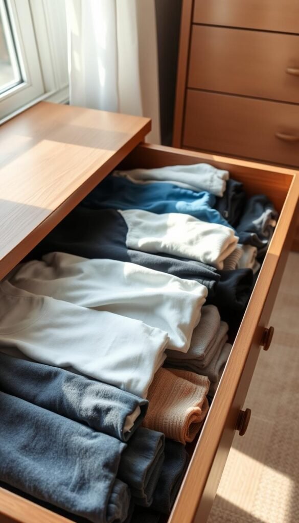 A neatly organized dresser drawer showcasing the file-fold method of clothing storage. In the foreground, a variety of folded clothes, including t-shirts, trousers, and sweaters, are arranged vertically and clearly visible, emphasizing the neatness of the method. The middle ground features a wooden dresser with a smooth finish, its drawers slightly opened to reveal the organized interior. In the background, soft natural light floods the scene from a nearby window, casting gentle shadows that create a calm, inviting atmosphere. The angle of the shot is slightly from above, capturing the drawer’s contents and the craftsmanship of the dresser. The overall mood is tidy, serene, and focused, perfect for illustrating effective organization techniques. A neatly organized dresser drawer showcasing the file-fold method of clothing storage. In the foreground, a variety of folded clothes, including t-shirts, trousers, and sweaters, are arranged vertically and clearly visible, emphasizing the neatness of the method. The middle ground features a wooden dresser with a smooth finish, its drawers slightly opened to reveal the organized interior. In the background, soft natural light floods the scene from a nearby window, casting gentle shadows that create a calm, inviting atmosphere. The angle of the shot is slightly from above, capturing the drawer’s contents and the craftsmanship of the dresser. The overall mood is tidy, serene, and focused, perfect for illustrating effective organization techniques.