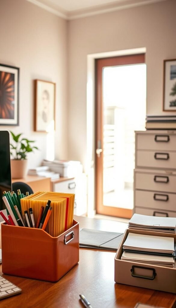 A neatly organized home office scene showcasing a simple filing system for important papers. In the foreground, a well-arranged desk features colorful hanging file folders and a stylish desk organizer filled with pens and notepads. The middle ground showcases a filing cabinet with labeled drawers, some slightly open, revealing neatly stacked documents. In the background, a bright window allows natural light to flood the room, casting soft shadows. The walls are decorated with inspiring art, and a potted plant adds a touch of greenery. The mood is calm and productive, emphasizing an efficient and clutter-free workspace. Shot from a slightly elevated angle with a warm color palette, capturing an inviting atmosphere, ideal for fostering focus and organization. A neatly organized home office scene showcasing a simple filing system for important papers. In the foreground, a well-arranged desk features colorful hanging file folders and a stylish desk organizer filled with pens and notepads. The middle ground showcases a filing cabinet with labeled drawers, some slightly open, revealing neatly stacked documents. In the background, a bright window allows natural light to flood the room, casting soft shadows. The walls are decorated with inspiring art, and a potted plant adds a touch of greenery. The mood is calm and productive, emphasizing an efficient and clutter-free workspace. Shot from a slightly elevated angle with a warm color palette, capturing an inviting atmosphere, ideal for fostering focus and organization.