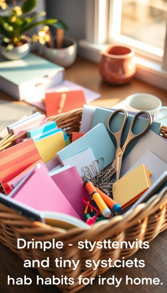 A neatly organized inbox basket filled with various decluttering items such as colorful sticky notes, small notebooks, a pair of scissors, and paper clips, all arranged in an inviting manner. The foreground features the basket in warm, natural light, showcasing the texture of the materials. In the middle, there are a few scattered loose papers and a brightly colored pen, giving a sense of creative chaos that is still under control. The background presents a tidy workspace with soft-focus elements like a plant and a coffee cup, emphasizing a calm and productive atmosphere. The overall mood is serene and encouraging, ideal for inspiring simple systems and tiny habits for a tidy home.