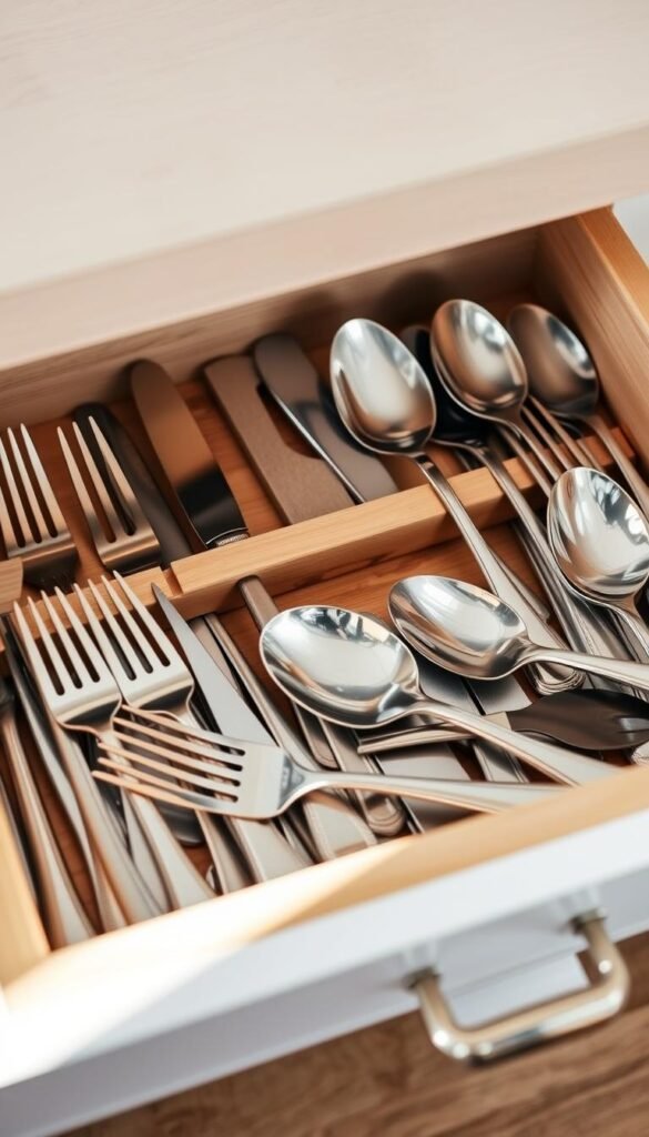 A neatly organized kitchen drawer filled with elegant flatware, showcasing a variety of shiny stainless steel utensils—forks, knives, and spoons—arranged in an aesthetically pleasing manner. In the foreground, the flatware gleams under soft, diffused natural light, revealing reflections that enhance their polished surfaces. The middle of the image features a well-spaced arrangement of the utensils, highlighting their different sizes and designs, while also showing a subtle wooden divider maintaining order within the drawer. In the background, the drawer itself is crafted from light wood, with a warm tone that complements the stainless steel. The overall mood is tranquil and inviting, emphasizing simplicity and efficiency in kitchen organization. The composition captures a top-down perspective, inviting the viewer to appreciate the harmonious arrangement inside the drawer. A neatly organized kitchen drawer filled with elegant flatware, showcasing a variety of shiny stainless steel utensils—forks, knives, and spoons—arranged in an aesthetically pleasing manner. In the foreground, the flatware gleams under soft, diffused natural light, revealing reflections that enhance their polished surfaces. The middle of the image features a well-spaced arrangement of the utensils, highlighting their different sizes and designs, while also showing a subtle wooden divider maintaining order within the drawer. In the background, the drawer itself is crafted from light wood, with a warm tone that complements the stainless steel. The overall mood is tranquil and inviting, emphasizing simplicity and efficiency in kitchen organization. The composition captures a top-down perspective, inviting the viewer to appreciate the harmonious arrangement inside the drawer.