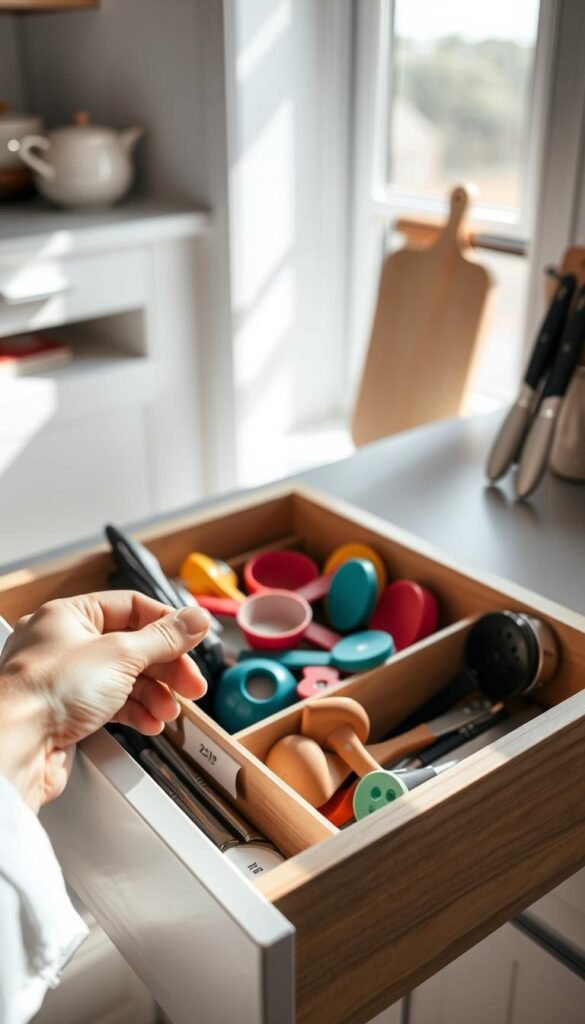 A neatly organized kitchen drawer is the focal point, showcasing an array of utensils such as spatulas, measuring cups, and knives, all arranged by size and function. In the foreground, a hand gently grips a well-organized, labeled divider, emphasizing the ease of maintenance. The middle section features a variety of colorful kitchen gadgets, each assigned a specific compartment, with a subtle sheen suggesting cleanliness. In the background, soft natural light filters through a nearby window, casting gentle shadows that evoke a calm and inviting atmosphere. The composition is shot from a slightly elevated angle to highlight the drawer's interior organization, creating a sense of spaciousness and accessibility. The overall mood reflects simplicity and efficiency, inviting viewers to imagine a tidier kitchen. A neatly organized kitchen drawer is the focal point, showcasing an array of utensils such as spatulas, measuring cups, and knives, all arranged by size and function. In the foreground, a hand gently grips a well-organized, labeled divider, emphasizing the ease of maintenance. The middle section features a variety of colorful kitchen gadgets, each assigned a specific compartment, with a subtle sheen suggesting cleanliness. In the background, soft natural light filters through a nearby window, casting gentle shadows that evoke a calm and inviting atmosphere. The composition is shot from a slightly elevated angle to highlight the drawer's interior organization, creating a sense of spaciousness and accessibility. The overall mood reflects simplicity and efficiency, inviting viewers to imagine a tidier kitchen.