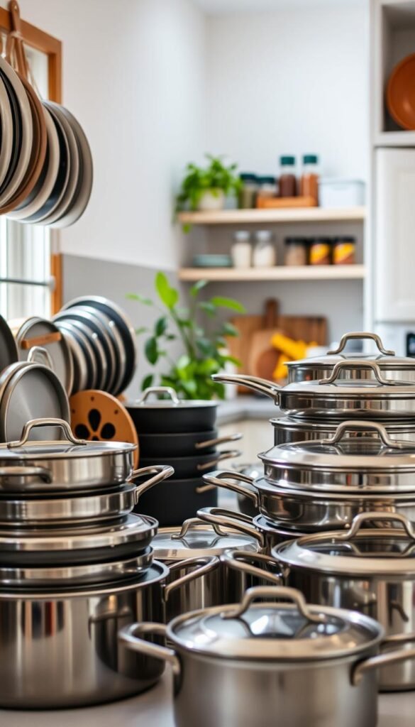 A neatly organized kitchen scene focused on pots, pans, and lids displayed without clutter. In the foreground, an assortment of shiny stainless-steel pots and cast-iron pans are neatly stacked, showcasing their polished surfaces reflecting subtle light. To the left, a decorative wooden lid rack holds various lids, demonstrating efficient storage. In the middle, a well-lit kitchen counter adorned with a vibrant plant adds a touch of warmth. The background features open shelves with neatly arranged kitchen utensils and colorful spices, creating a homely yet organized atmosphere. Soft, natural lighting streams in from a nearby window, highlighting the textures and gleaming metals, while a slight depth of field draws attention to the cookware in sharp focus, evoking a sense of calm and order.