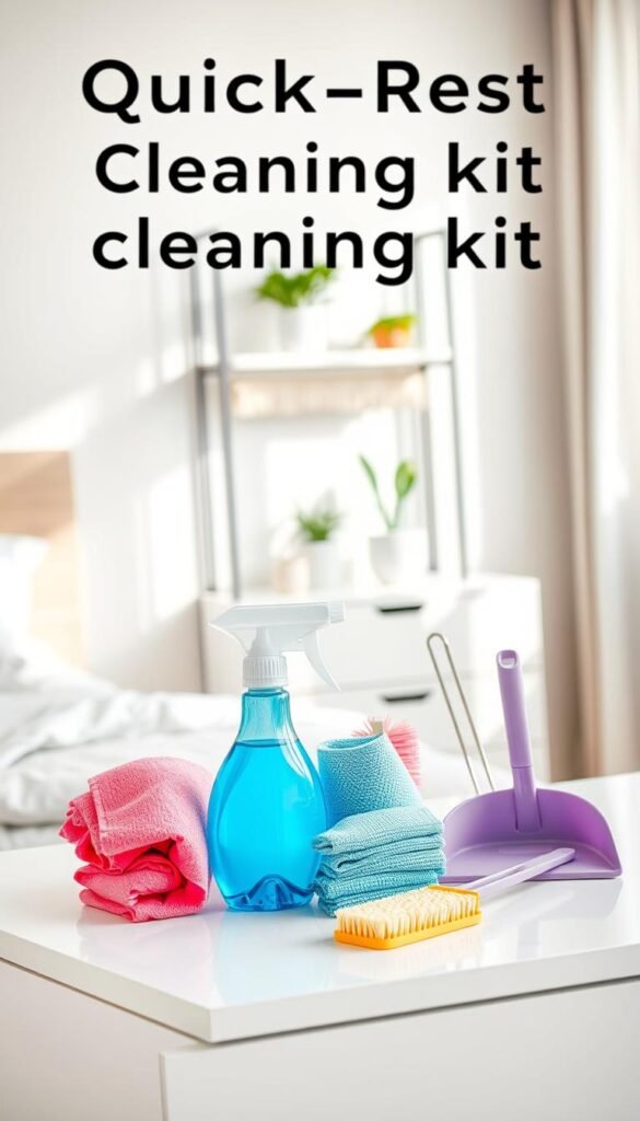 A neatly organized "quick-reset cleaning kit" displayed on a clean, modern bedroom dresser. In the foreground, vibrant cleaning supplies are arranged in an aesthetically pleasing way, including a spray bottle, microfiber cloths, a small brush, and a dustpan. The middle ground features a stylish, minimalistic shelf with a touch of greenery, such as a small potted plant. In the background, soft natural light streams in through a window, highlighting a fresh, inviting atmosphere. The image should have a clean and tidy ambiance, reflecting simplicity and efficiency. Use a soft focus lens to create a warm, calming mood, ensuring no distractions from the cleaning kit essentials. A neatly organized "quick-reset cleaning kit" displayed on a clean, modern bedroom dresser. In the foreground, vibrant cleaning supplies are arranged in an aesthetically pleasing way, including a spray bottle, microfiber cloths, a small brush, and a dustpan. The middle ground features a stylish, minimalistic shelf with a touch of greenery, such as a small potted plant. In the background, soft natural light streams in through a window, highlighting a fresh, inviting atmosphere. The image should have a clean and tidy ambiance, reflecting simplicity and efficiency. Use a soft focus lens to create a warm, calming mood, ensuring no distractions from the cleaning kit essentials.