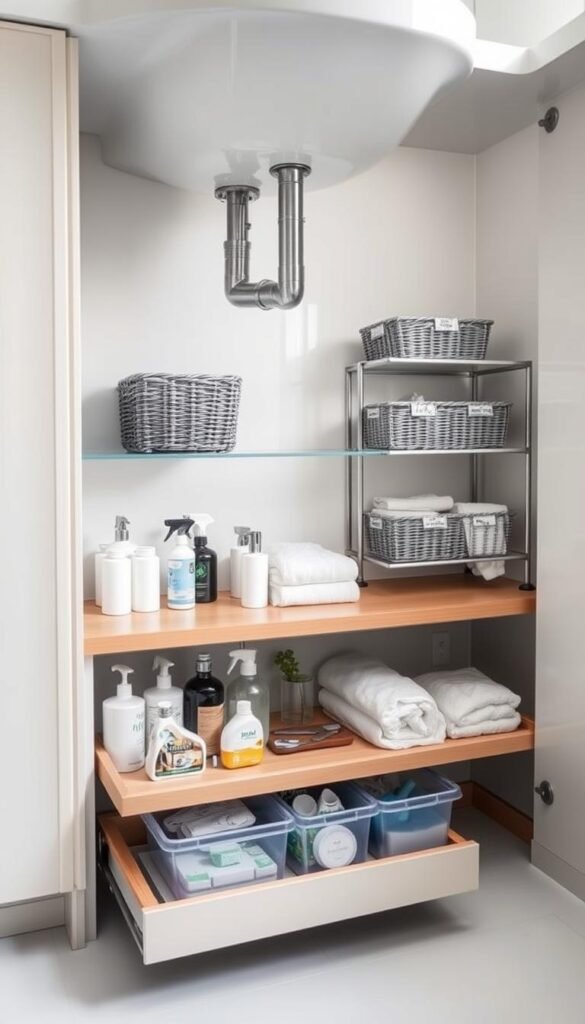 A neatly organized under-sink area in a modern bathroom, showcasing innovative storage solutions that maximize space while accommodating plumbing. In the foreground, a stylish pull-out drawer filled with neatly arranged cleaning supplies and towels, complemented by clear storage bins for easy visibility. In the middle, a custom-fit shelving unit ingeniously designed around pipes, featuring decorative baskets and labels for quick access to toiletries. The background reveals a clean, minimalistic bathroom with soft lighting that highlights the organization and cleanliness. Use a slightly elevated angle to capture the entire setup effectively, creating a bright, airy atmosphere that inspires practical organization ideas. The overall mood is serene and efficient, focusing on harmony within a functional space. A neatly organized under-sink area in a modern bathroom, showcasing innovative storage solutions that maximize space while accommodating plumbing. In the foreground, a stylish pull-out drawer filled with neatly arranged cleaning supplies and towels, complemented by clear storage bins for easy visibility. In the middle, a custom-fit shelving unit ingeniously designed around pipes, featuring decorative baskets and labels for quick access to toiletries. The background reveals a clean, minimalistic bathroom with soft lighting that highlights the organization and cleanliness. Use a slightly elevated angle to capture the entire setup effectively, creating a bright, airy atmosphere that inspires practical organization ideas. The overall mood is serene and efficient, focusing on harmony within a functional space.
