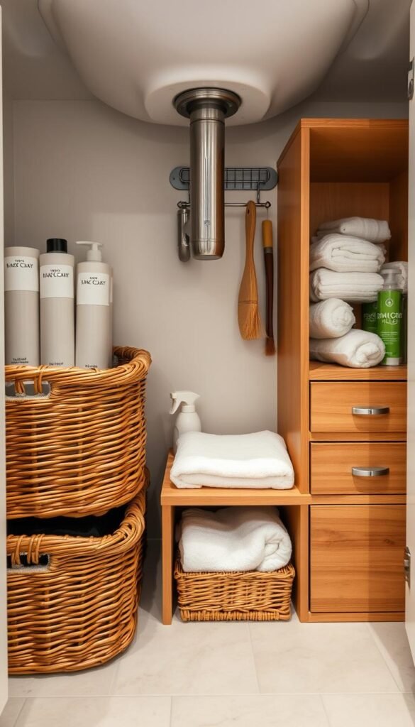 A neatly organized under-the-sink bathroom scene showcasing efficient storage solutions. In the foreground, there's a set of stylish, stackable wicker baskets filled with toiletries, neatly labeled. To the side, a slim, wooden drawer unit with polished handles holds smaller items like cleaning supplies and towels. In the middle, the cabinet doors are open, revealing a clever use of vertical space with tension rods holding spray bottles and a hanging organizer for brushes and sponges. The background features soft, diffused lighting that highlights the textures of the materials, creating a serene and inviting atmosphere. The camera angle is slightly elevated to capture the depth of the storage options, offering a fresh perspective on practical organization.