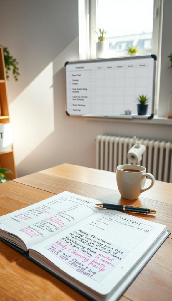 A neatly organized weekly schedule displayed on a wooden desk in a brightly lit home office. In the foreground, a colorful planner open with handwritten entries marked in vibrant ink, alongside a sleek pen and a steaming cup of coffee. In the middle, an elegant whiteboard mounted on the wall features a simplified version of the weekly cleaning tasks, arranged with cheerful icons. In the background, sunlight filters through a window, casting soft shadows and illuminating houseplants on the windowsill. The atmosphere conveys a sense of calm productivity and warmth, inviting viewers to embrace a structured yet approachable cleaning routine. The colors are warm and inviting, suggesting a well-maintained and tidy environment. A neatly organized weekly schedule displayed on a wooden desk in a brightly lit home office. In the foreground, a colorful planner open with handwritten entries marked in vibrant ink, alongside a sleek pen and a steaming cup of coffee. In the middle, an elegant whiteboard mounted on the wall features a simplified version of the weekly cleaning tasks, arranged with cheerful icons. In the background, sunlight filters through a window, casting soft shadows and illuminating houseplants on the windowsill. The atmosphere conveys a sense of calm productivity and warmth, inviting viewers to embrace a structured yet approachable cleaning routine. The colors are warm and inviting, suggesting a well-maintained and tidy environment.