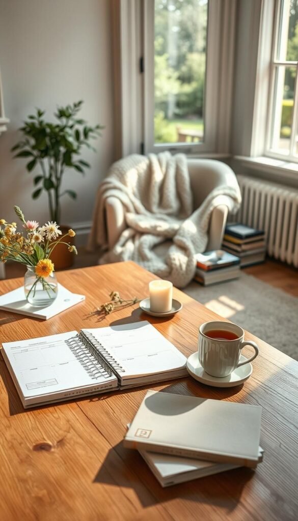 A serene Sunday morning scene capturing a reset routine for a calm week. In the foreground, a neatly organized wooden table adorned with a planner, fresh flowers, a cup of herbal tea, and a scented candle, all in soft, natural light. The middle layer features a cozy nook with a comfortable armchair draped in a light knit blanket, a small stack of mindfulness books beside it. In the background, a window reveals a gentle garden view, with sunlight streaming in, casting warm shadows. The atmosphere is tranquil and inviting, evoking a sense of peace and preparation. The image should be shot from a slightly elevated angle to capture the entire scene harmoniously, using soft focus to enhance the calmness.
