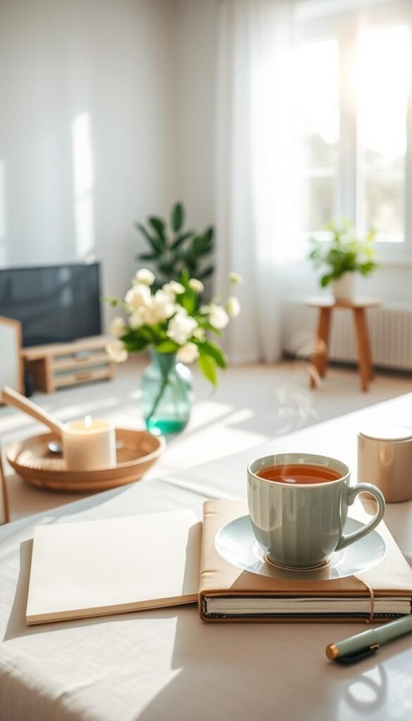 A serene Sunday morning scene, capturing the essence of a "Sunday Reset." In the foreground, a cozy table set with a steaming cup of herbal tea, a journal, and a lit candle, all arranged with soft pastel colors. The middle section showcases a well-organized space with a vase of fresh flowers and a calming indoor plant. In the background, sunlight streams through a large window, softly highlighting a minimalist, decluttered room. A calm color palette of greens, whites, and soft blues creates a tranquil atmosphere. The overall mood is peaceful and rejuvenating, inviting viewers to embrace a reset routine for a calm week ahead. Soft, natural lighting enhances the sense of tranquility and comfort, with a slight focus on the tea and journal, symbolizing reflection and mindfulness.