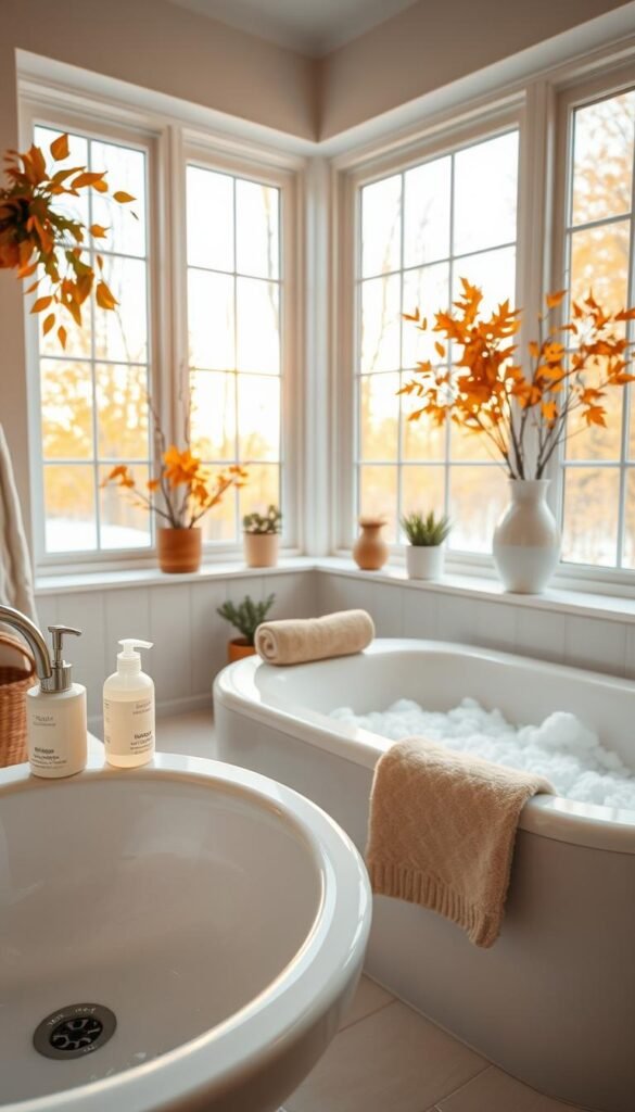 A serene and inviting bathroom scene during fall, showcasing a clean and organized space. In the foreground, a bright white ceramic sink with gentle reflections and a few neatly arranged natural cleaning products. The midground features a cozy bath tub filled with soft bubbles and a plush, rolled-up towel resting beside it. In the background, large windows allow warm, golden sunlight to stream in, illuminating the space with a soft glow. Decorative elements include potted plants and a vase filled with autumn leaves, adding seasonal charm. The atmosphere is peaceful and refreshing, with an overall sense of tranquility and ease, perfect for a simple seasonal bathroom refresh. Capture the image from a slightly elevated angle to highlight the cleanliness and inviting ambiance.