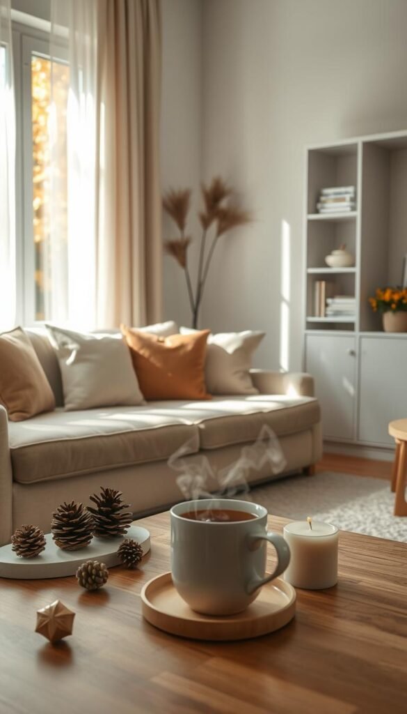 A serene and inviting living space during the calm season, with soft, natural lighting filtering through sheer curtains, casting gentle shadows on a cozy, minimalist room. In the foreground, a neatly arranged coffee table holds a steaming mug of herbal tea, alongside a few seasonal decor elements such as pinecones and a small, elegant candle. In the middle ground, a plush sofa adorned with soft, muted cushions invites relaxation, while a clean and decluttered bookshelf showcases neatly stacked books and a single potted plant, enhancing the tranquility of the scene. In the background, a window displays a peaceful outdoor view of softly falling leaves in warm autumn hues, contributing to the overall ambiance of calm and simplicity. The atmosphere is tranquil, encouraging a sense of peace and readiness for the upcoming holiday season.
