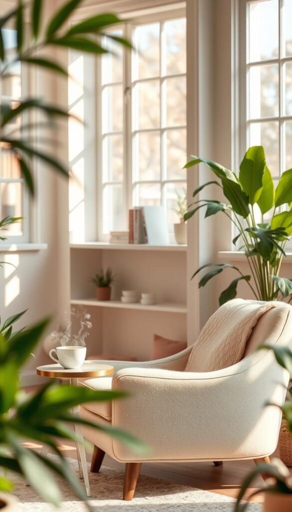 A serene and inviting space designed for tranquility and decluttering. In the foreground, a soft, cozy armchair in a pale beige hue, adorned with a light, textured throw blanket. A small, elegant side table supports a steaming cup of herbal tea and a delicate potted plant with lush green leaves. The middle features light, airy shelves displaying minimalistic decor – a couple of neatly arranged books and a single minimalist candle. The background shows large windows filtering in warm, soft sunlight, casting gentle shadows. Fresh, calming colors like soft greens and calming whites create a peaceful atmosphere. The scene is framed with indoor plants, enhancing the natural feel, all captured in a warm, inviting light. A serene and inviting space designed for tranquility and decluttering. In the foreground, a soft, cozy armchair in a pale beige hue, adorned with a light, textured throw blanket. A small, elegant side table supports a steaming cup of herbal tea and a delicate potted plant with lush green leaves. The middle features light, airy shelves displaying minimalistic decor – a couple of neatly arranged books and a single minimalist candle. The background shows large windows filtering in warm, soft sunlight, casting gentle shadows. Fresh, calming colors like soft greens and calming whites create a peaceful atmosphere. The scene is framed with indoor plants, enhancing the natural feel, all captured in a warm, inviting light.