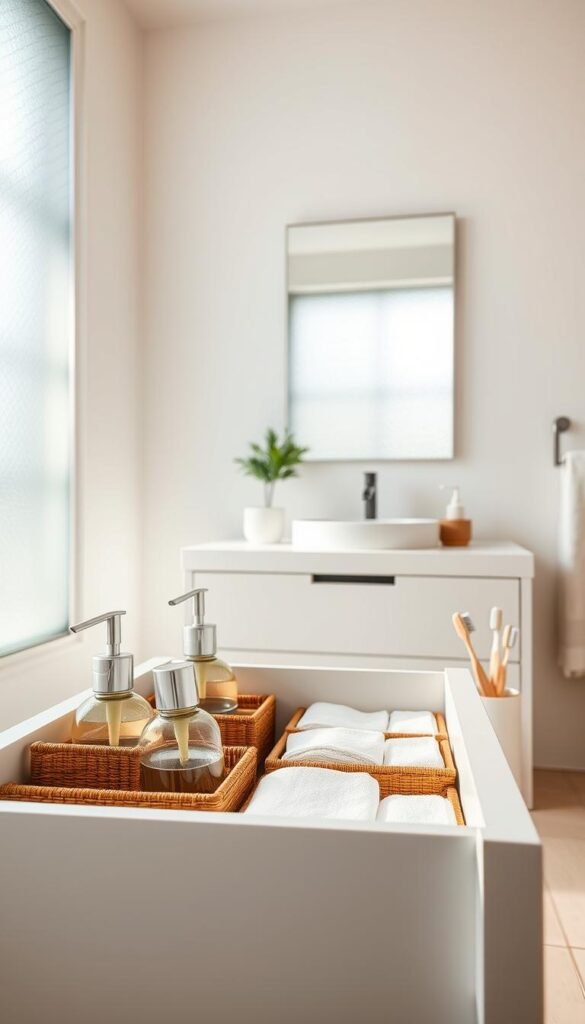 A serene and organized bathroom scene featuring neatly arranged bathroom essentials in a minimalist style. In the foreground, focus on a sleek, open drawer filled with neatly categorized items: bamboo storage bins containing rolled towels, skincare products in elegant glass bottles, and a wooden toothbrush holder with matching toothbrushes. In the middle, a bright, natural light filters in from a frosted window, illuminating the clean lines of a modern vanity with a small potted plant for a touch of greenery. The background showcases a simple, uncluttered wall with soft pastel hues. The mood is calming and tidy, encapsulating a functional yet stylish approach to daily essentials, ideal for promoting an organized lifestyle. A serene and organized bathroom scene featuring neatly arranged bathroom essentials in a minimalist style. In the foreground, focus on a sleek, open drawer filled with neatly categorized items: bamboo storage bins containing rolled towels, skincare products in elegant glass bottles, and a wooden toothbrush holder with matching toothbrushes. In the middle, a bright, natural light filters in from a frosted window, illuminating the clean lines of a modern vanity with a small potted plant for a touch of greenery. The background showcases a simple, uncluttered wall with soft pastel hues. The mood is calming and tidy, encapsulating a functional yet stylish approach to daily essentials, ideal for promoting an organized lifestyle.