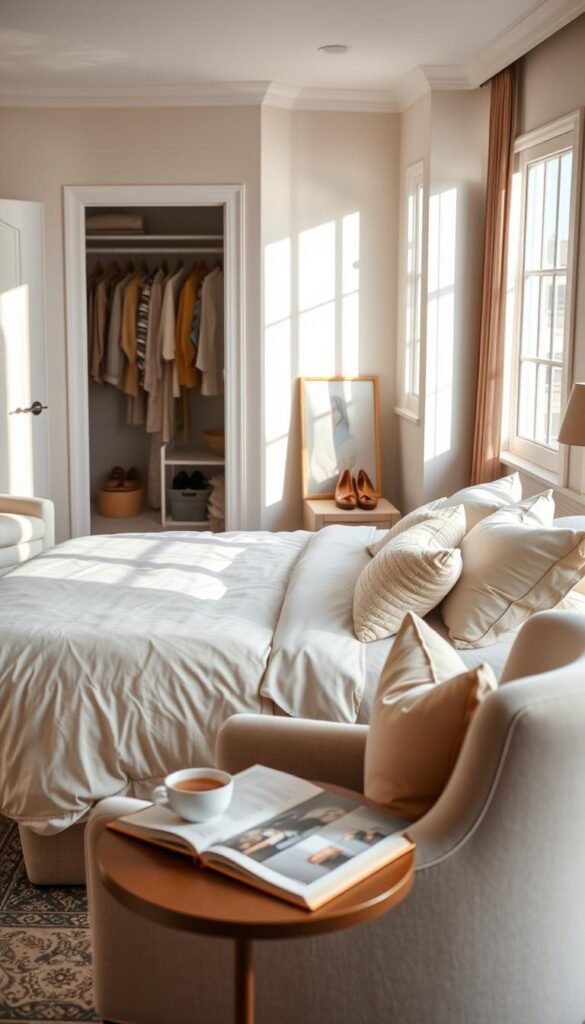 A serene and organized bedroom with a calming atmosphere, featuring a neatly made bed layered with soft, neutral-toned bedding and an assortment of plush pillows. In the foreground, a cozy reading nook with a small, soft armchair and a stylish side table adorned with a cup of tea and a book. The middle ground showcases a well-organized closet with neatly hung clothes and a pair of stylish shoes visible. The background features large windows allowing soft, natural light to fill the room, casting gentle shadows that enhance the peaceful ambiance. The color palette consists of light pastels and earthy tones, evoking a feeling of tranquility and a fresh start to a restful night. The lens captures the space from a slightly elevated angle, emphasizing both comfort and orderliness. A serene and organized bedroom with a calming atmosphere, featuring a neatly made bed layered with soft, neutral-toned bedding and an assortment of plush pillows. In the foreground, a cozy reading nook with a small, soft armchair and a stylish side table adorned with a cup of tea and a book. The middle ground showcases a well-organized closet with neatly hung clothes and a pair of stylish shoes visible. The background features large windows allowing soft, natural light to fill the room, casting gentle shadows that enhance the peaceful ambiance. The color palette consists of light pastels and earthy tones, evoking a feeling of tranquility and a fresh start to a restful night. The lens captures the space from a slightly elevated angle, emphasizing both comfort and orderliness.
