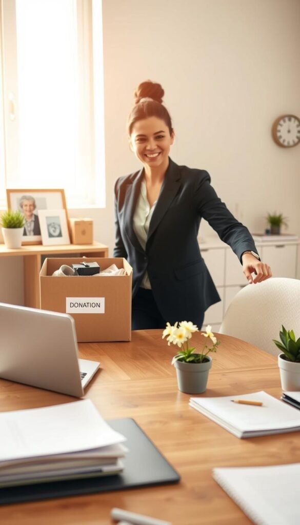 A serene and organized home office scene depicting a simple decluttering method. In the foreground, a well-organized desk with neatly stacked papers, a closed laptop, and a small potted plant. The middle ground features a cheerful person in smart casual attire, smiling as they place items into a labeled box for donation. They exude a calm focus, embodying the decluttering process. In the background, soft natural light filters through a window, illuminating a minimalist space with a few decorative items like a picture frame and a clock, emphasizing cleanliness and order. The warm color palette enhances a mood of tranquility and motivation, perfect for inspiring quick wins in decluttering.
