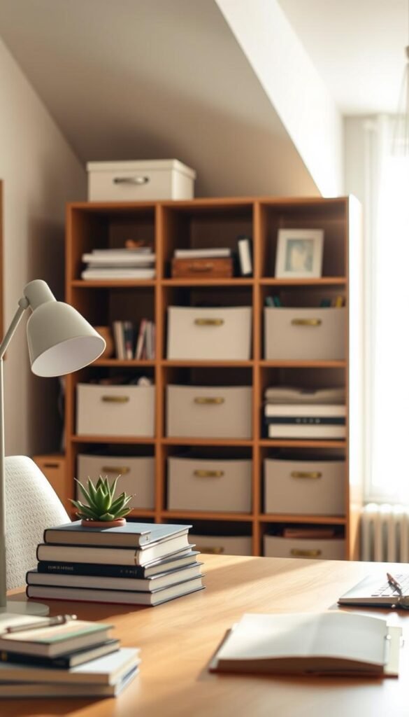 A serene and organized home office scene that illustrates the concept of decluttering. In the foreground, a tidy desk with neatly stacked books, a small succulent plant, and a minimalist lamp, exuding a sense of calm. In the middle ground, an open storage unit with labeled bins containing office supplies, showcasing a clear separation of items. In the background, a well-lit window with soft, natural light streaming in, casting gentle shadows across the room. The walls are painted in soft, neutral tones, further emphasizing simplicity. The overall mood is uplifting and inspiring, reflecting the idea of quick wins in decluttering. Angled view to capture depth, using warm lighting to create a welcoming atmosphere.