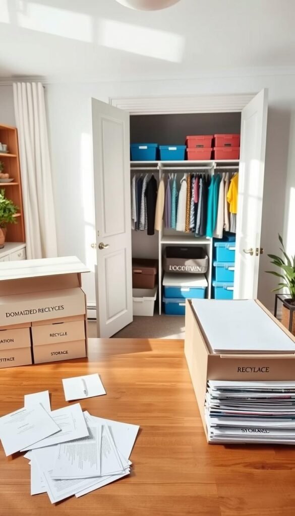 A serene and organized home office space depicting various declutter methods in action. In the foreground, a stylish wooden desk features neatly stacked boxes labeled for donation, recycling, and storage. Scattered papers are organized into elegant file holders. In the middle ground, an open closet reveals color-coordinated clothing and storage bins, illustrating the "1-Bag-a-Day" declutter method. The background showcases a bright window with natural light pouring in, casting soft shadows and creating a warm, inviting atmosphere. Use a slight overhead angle for a comprehensive view, emphasizing cleanliness and harmony in the space. The mood is calm and productive, encouraging a sense of order and simplicity.