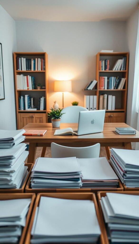 A serene and organized home office space, showcasing a decluttering process. In the foreground, neatly stacked papers and folders are arranged in labeled boxes, hinting at a streamlined approach. In the middle, a wooden desk is cleared of clutter, with a sleek laptop, a small potted plant, and an open notebook, exuding calmness and focus. In the background, a bookshelf is visible, filled with well-organized books, accented by a soft, warm light filtering through a nearby window, creating a bright and inviting atmosphere. The mood is productive and minimalistic, emphasizing clarity and order. Capture the scene from a slight overhead angle to convey an expansive, decluttered environment.