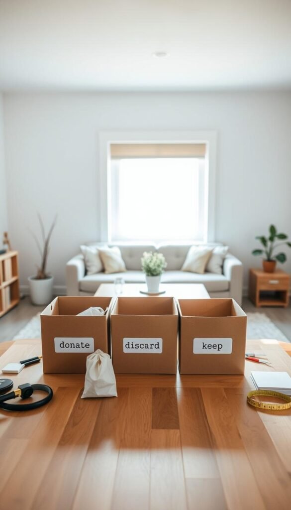 A serene and organized home workspace, showcasing a decluttering challenge in progress. In the foreground, a neatly arranged wooden table with boxes labeled 'donate,' 'discard,' and 'keep,' surrounded by minimalistic tools like a small trash bag and a tape measure. The middle features a cozy living room scene with a stylish, decluttered sofa, soft cushions, and a potted plant, emphasizing simplicity and calmness. In the background, a bright window allows natural light to flood in, illuminating the space and creating a warm ambiance. The light casts gentle shadows, adding depth. The overall atmosphere is motivating and peaceful, encouraging viewers to embrace minimalism and organization.