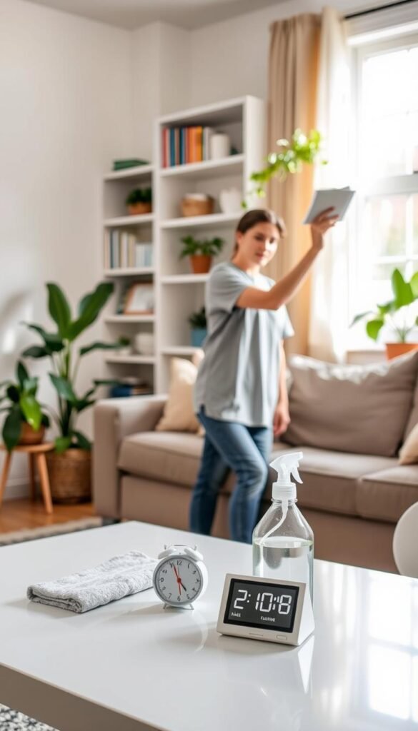 A serene and organized living space showcasing a 10-minute cleaning routine. In the foreground, a tidy coffee table with neatly arranged cleaning supplies like a microfiber cloth, a small bottle of cleaner, and a timer set for 10 minutes. In the middle, an individual dressed in modest casual clothing calmly dusting a shelf, their expression focused yet relaxed, embodying the essence of quick, efficient cleaning. Soft, natural light filters through a window in the background, illuminating a cozy, inviting room with light-colored walls, green plants, and organized bookshelves. The atmosphere is peaceful and motivating, inspiring the viewer to embrace a calm daily cleaning routine. A serene and organized living space showcasing a 10-minute cleaning routine. In the foreground, a tidy coffee table with neatly arranged cleaning supplies like a microfiber cloth, a small bottle of cleaner, and a timer set for 10 minutes. In the middle, an individual dressed in modest casual clothing calmly dusting a shelf, their expression focused yet relaxed, embodying the essence of quick, efficient cleaning. Soft, natural light filters through a window in the background, illuminating a cozy, inviting room with light-colored walls, green plants, and organized bookshelves. The atmosphere is peaceful and motivating, inspiring the viewer to embrace a calm daily cleaning routine.