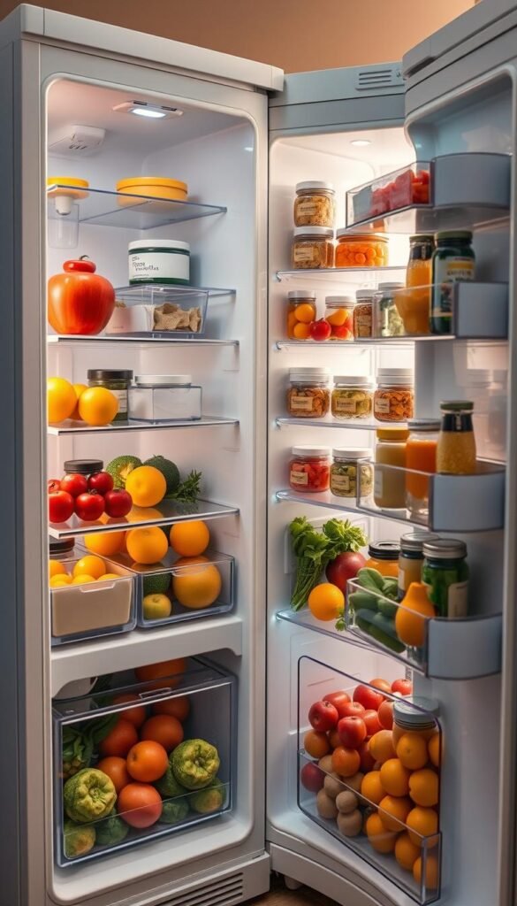 A serene and organized refrigerator interior seen from a slightly angled perspective, showcasing neatly arranged compartments filled with colorful fruits, vegetables, perfectly stacked containers, and labeled jars. The refrigerator has a sleek, modern design with a calming pastel color palette, featuring soft LED lighting illuminating the contents, creating a warm and inviting atmosphere. In the background, the faint outline of a cozy kitchen counters the refrigerator, complete with natural wood accents and a soft-focus kitchen setting. The overall mood is peaceful and orderly, emphasizing the effectiveness of a calm fridge in a family’s daily life. A serene and organized refrigerator interior seen from a slightly angled perspective, showcasing neatly arranged compartments filled with colorful fruits, vegetables, perfectly stacked containers, and labeled jars. The refrigerator has a sleek, modern design with a calming pastel color palette, featuring soft LED lighting illuminating the contents, creating a warm and inviting atmosphere. In the background, the faint outline of a cozy kitchen counters the refrigerator, complete with natural wood accents and a soft-focus kitchen setting. The overall mood is peaceful and orderly, emphasizing the effectiveness of a calm fridge in a family’s daily life.