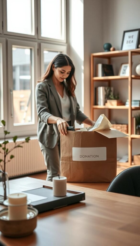 A serene and organized room bathed in soft, natural light coming through large windows. In the foreground, a neatly arranged table with a few minimalist decor items, such as a small plant and a candle, emphasizing simplicity. In the middle ground, a person in casual, professional attire is gently placing items into a box marked for donation, showcasing the act of decluttering. The background displays shelves with books and decorative objects arranged in an orderly fashion, conveying a sense of calm and tranquility. Overall, the atmosphere is peaceful and inspiring, encouraging viewers to embrace decluttering as a path to a cleaner, more inviting space. The image captures a sense of purpose and clarity, with a slight depth of field focusing on the decluttering process. A serene and organized room bathed in soft, natural light coming through large windows. In the foreground, a neatly arranged table with a few minimalist decor items, such as a small plant and a candle, emphasizing simplicity. In the middle ground, a person in casual, professional attire is gently placing items into a box marked for donation, showcasing the act of decluttering. The background displays shelves with books and decorative objects arranged in an orderly fashion, conveying a sense of calm and tranquility. Overall, the atmosphere is peaceful and inspiring, encouraging viewers to embrace decluttering as a path to a cleaner, more inviting space. The image captures a sense of purpose and clarity, with a slight depth of field focusing on the decluttering process.