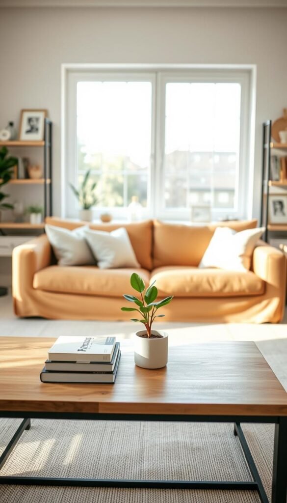A serene and organized room is the focal point, showcasing a beautifully decluttered space. In the foreground, a tidy coffee table displays a small stack of neatly arranged books and a single vibrant plant, symbolizing calmness and clarity. The middle ground features a warm, inviting couch adorned with minimalistic cushions, promoting a feeling of comfort. Soft afternoon light filters in through a large window, casting gentle shadows and creating a peaceful atmosphere. In the background, simple shelves hold neatly arranged decor items and a few framed photographs. The color palette is soothing with soft pastels and warm neutrals, evoking a sense of tranquility and inspiration to embrace small wins in home organization. The scene is devoid of any people, emphasizing the serene, clutter-free environment. A serene and organized room is the focal point, showcasing a beautifully decluttered space. In the foreground, a tidy coffee table displays a small stack of neatly arranged books and a single vibrant plant, symbolizing calmness and clarity. The middle ground features a warm, inviting couch adorned with minimalistic cushions, promoting a feeling of comfort. Soft afternoon light filters in through a large window, casting gentle shadows and creating a peaceful atmosphere. In the background, simple shelves hold neatly arranged decor items and a few framed photographs. The color palette is soothing with soft pastels and warm neutrals, evoking a sense of tranquility and inspiration to embrace small wins in home organization. The scene is devoid of any people, emphasizing the serene, clutter-free environment.