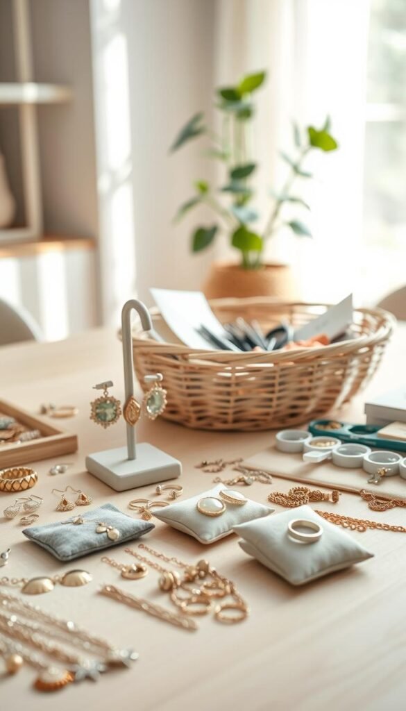 A serene and organized workspace dedicated to gentle decluttering of jewelry. In the foreground, a beautifully arranged collection of jewelry items: delicate earrings, a few necklaces neatly tucked into soft pouches, and rings displayed on a subtle, elegant stand. In the middle ground, a wicker basket filled with supplies for minor repairs like small tools, threads, and beads, all arranged neatly. The background features soft, natural light streaming through a window, illuminating a light-colored wooden table and a plant for a touch of greenery. The atmosphere should feel calm and inviting, promoting the idea of thoughtful organization and mindful decision-making. The lens should capture this scene from a slightly elevated angle, focusing on the texture of the materials and the harmony of the layout. A serene and organized workspace dedicated to gentle decluttering of jewelry. In the foreground, a beautifully arranged collection of jewelry items: delicate earrings, a few necklaces neatly tucked into soft pouches, and rings displayed on a subtle, elegant stand. In the middle ground, a wicker basket filled with supplies for minor repairs like small tools, threads, and beads, all arranged neatly. The background features soft, natural light streaming through a window, illuminating a light-colored wooden table and a plant for a touch of greenery. The atmosphere should feel calm and inviting, promoting the idea of thoughtful organization and mindful decision-making. The lens should capture this scene from a slightly elevated angle, focusing on the texture of the materials and the harmony of the layout.