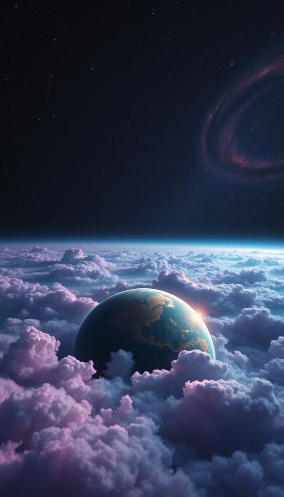 A serene and spacious cosmic landscape, featuring a vast expanse of deep black and navy blue space with distant twinkling stars scattered throughout. In the foreground, soft, ethereal clouds of colorful nebulae in shades of purple, pink, and turquoise gently swirl, providing a sense of movement and depth. The middle ground showcases a vibrant planet with rich textures of mountains and oceans, illuminated by the gentle glow of a nearby sun. The background reveals a starry sky with galaxies forming graceful spirals, casting subtle light across the scene. The composition is captured with a wide-angle lens, emphasizing the vastness of space, while a soft, dreamy lighting evokes a calm and tranquil atmosphere, inviting viewers to contemplate the beauty and mystery of the universe.