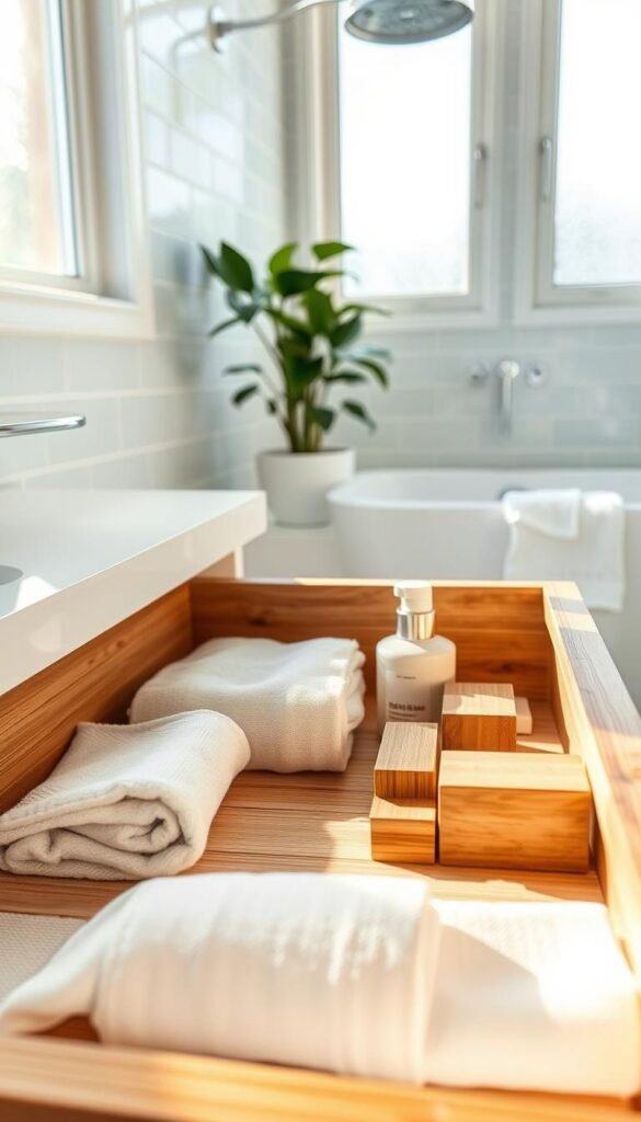 A serene bathroom drawer scene, showcasing a minimalist approach to organization. The foreground features an open drawer with gently organized compartments, revealing neatly folded towels, eco-friendly toiletries in glass containers, and small wooden boxes for accessories. In the middle, a light-colored bamboo drawer liner enhances the tidy appearance, while soft shadows create depth. The background includes a softly lit, airy bathroom setting with calming pastel tiles and a potted plant, adding a touch of nature. Natural light filters through a frosted window, casting a warm glow over the scene, evoking a sense of tranquility and simplicity. The overall mood is peaceful and inviting, embodying the essence of organized serenity. A serene bathroom drawer scene, showcasing a minimalist approach to organization. The foreground features an open drawer with gently organized compartments, revealing neatly folded towels, eco-friendly toiletries in glass containers, and small wooden boxes for accessories. In the middle, a light-colored bamboo drawer liner enhances the tidy appearance, while soft shadows create depth. The background includes a softly lit, airy bathroom setting with calming pastel tiles and a potted plant, adding a touch of nature. Natural light filters through a frosted window, casting a warm glow over the scene, evoking a sense of tranquility and simplicity. The overall mood is peaceful and inviting, embodying the essence of organized serenity.
