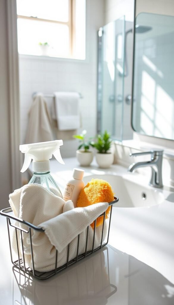 A serene bathroom scene showcasing a calming mini-cleaning routine. In the foreground, a neatly arranged cleaning caddy filled with eco-friendly supplies like a biodegradable spray bottle, microfiber cloths, and a natural sponge. In the middle ground, a pristine sink area reflects soft, natural light flowing in from a nearby window, casting gentle shadows. On the counter, a well-organized array of toiletries and a small green plant add a touch of warmth. The background features tiled walls and a tidy shower space. The overall atmosphere is peaceful and organized, conveying a step-by-step flow of a quick cleaning session. The lighting is bright yet soft, enhancing the tranquil mood, shot from an angled view to capture all elements harmoniously. A serene bathroom scene showcasing a calming mini-cleaning routine. In the foreground, a neatly arranged cleaning caddy filled with eco-friendly supplies like a biodegradable spray bottle, microfiber cloths, and a natural sponge. In the middle ground, a pristine sink area reflects soft, natural light flowing in from a nearby window, casting gentle shadows. On the counter, a well-organized array of toiletries and a small green plant add a touch of warmth. The background features tiled walls and a tidy shower space. The overall atmosphere is peaceful and organized, conveying a step-by-step flow of a quick cleaning session. The lighting is bright yet soft, enhancing the tranquil mood, shot from an angled view to capture all elements harmoniously.