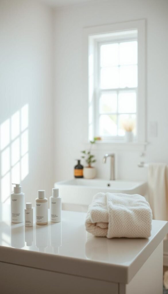 A serene bathroom scene that embodies a calm start to decluttering. In the foreground, a neatly organized countertop featuring a few minimalist skincare products and a plush, folded towel exudes simplicity. The middle ground reveals a clean, uncluttered sink area with a subtle, decorative plant adding a touch of nature. The background showcases soft white walls and a window allowing natural light to filter in, creating a warm, inviting atmosphere. The lighting is soft and diffused, enhancing the tranquility of the setting. The overall mood is peaceful and refreshing, encouraging the viewer to embrace simplicity and ease. The perspective is a slightly elevated angle, highlighting the tidy arrangement and serene ambiance of the bathroom space.