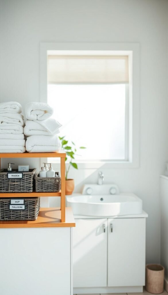 A serene bathroom setting showcasing neatly organized decluttering zones. In the foreground, a wooden shelf displays neatly folded towels and labeled baskets for toiletries, exuding a sense of order. The middle of the image features a sparkling clean sink area with minimalistic soap dispensers and a small potted plant, adding a touch of greenery. In the background, soft natural light filters through a frosted window, casting gentle shadows that create a calming atmosphere. The overall color palette is soothing and neutral, enhancing the feeling of tranquility and organization. Capture this space from a slightly elevated angle to emphasize the layout and arrangement, inviting viewers to appreciate the simple and effective decluttering system. A serene bathroom setting showcasing neatly organized decluttering zones. In the foreground, a wooden shelf displays neatly folded towels and labeled baskets for toiletries, exuding a sense of order. The middle of the image features a sparkling clean sink area with minimalistic soap dispensers and a small potted plant, adding a touch of greenery. In the background, soft natural light filters through a frosted window, casting gentle shadows that create a calming atmosphere. The overall color palette is soothing and neutral, enhancing the feeling of tranquility and organization. Capture this space from a slightly elevated angle to emphasize the layout and arrangement, inviting viewers to appreciate the simple and effective decluttering system.