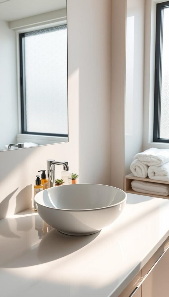 A serene bathroom sink scene, featuring a modern, minimalist vessel sink with a sleek chrome faucet. The sink is adorned with neatly organized toiletries, such as natural skincare products and gentle, calming decorative elements like a small succulent plant. Soft, natural light filters in through a frosted window, casting gentle reflections on the polished countertop. In the background, sleek cabinets in a soft pastel color create a soothing atmosphere, while fluffy white towels are neatly arranged nearby. The camera angle is slightly overhead, emphasizing the sink's elegance and the tranquility of the space. The overall mood is peaceful and organized, inviting a sense of calm and reset.