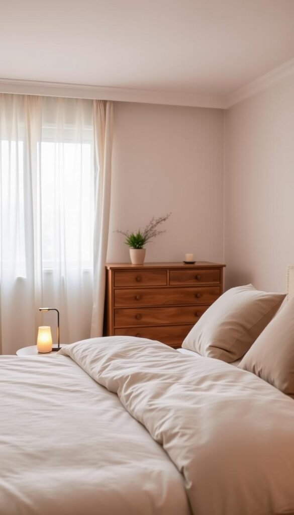 A serene bedroom interior exuding calmness. In the foreground, a neatly made bed adorned with soft, neutral-toned linens and plush cushions. A bedside table holds a small, glowing lamp, casting a warm, inviting light. In the middle, an elegant wooden dresser reflects organization, with a few minimalist decorations like a potted plant and a scented candle. The background reveals light, airy curtains gently swaying in a soft breeze from an open window, letting in natural daylight that enhances the peaceful atmosphere. The room is softly illuminated, creating gentle shadows that amplify the sense of tranquility. The overall mood is restful and inviting, perfect for promoting a better night's sleep. No people are present in the scene, ensuring a distraction-free visualization. A serene bedroom interior exuding calmness. In the foreground, a neatly made bed adorned with soft, neutral-toned linens and plush cushions. A bedside table holds a small, glowing lamp, casting a warm, inviting light. In the middle, an elegant wooden dresser reflects organization, with a few minimalist decorations like a potted plant and a scented candle. The background reveals light, airy curtains gently swaying in a soft breeze from an open window, letting in natural daylight that enhances the peaceful atmosphere. The room is softly illuminated, creating gentle shadows that amplify the sense of tranquility. The overall mood is restful and inviting, perfect for promoting a better night's sleep. No people are present in the scene, ensuring a distraction-free visualization.
