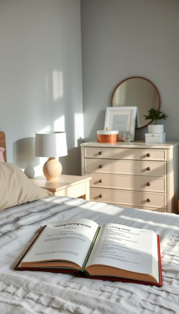 A serene bedroom scene showcasing a daily routine of organization. In the foreground, a neatly made bed with pastel-colored bedding and a few soft decorative pillows. On a bedside table, a minimalist lamp and a journal with an open page featuring a calming morning routine. In the middle, a well-organized dresser adorned with a small indoor plant and decorative boxes, all reflecting a tidy aesthetic. A gentle light pours in from a window in the background, casting soft shadows and creating an inviting atmosphere. The walls painted in cool, soothing colors, contribute to a peaceful vibe. The overall mood is tranquil and orderly, encouraging a sense of calm and mindfulness that inspires daily organization and routine. A serene bedroom scene showcasing a daily routine of organization. In the foreground, a neatly made bed with pastel-colored bedding and a few soft decorative pillows. On a bedside table, a minimalist lamp and a journal with an open page featuring a calming morning routine. In the middle, a well-organized dresser adorned with a small indoor plant and decorative boxes, all reflecting a tidy aesthetic. A gentle light pours in from a window in the background, casting soft shadows and creating an inviting atmosphere. The walls painted in cool, soothing colors, contribute to a peaceful vibe. The overall mood is tranquil and orderly, encouraging a sense of calm and mindfulness that inspires daily organization and routine.