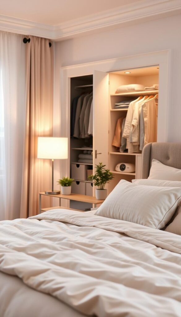 A serene bedroom scene showcasing essential touchpoints for organization and tranquility. In the foreground, a neatly made bed with soft, neutral-toned linens and a variety of plush pillows, inviting relaxation. To the side, a stylish nightstand adorned with a minimalist lamp casting warm light, a small potted plant, and an elegantly designed clock. The middle layer features an open closet with neatly organized clothing items, emphasizing a clutter-free space. The background reveals a softly lit window with sheer curtains allowing gentle sunlight to filter through, illuminating the entire room with a calming glow. The atmosphere is peaceful and harmonious, promoting a sense of calm and order, and inviting viewers to envision their own organized haven. The image is captured from a slightly elevated angle, providing a comprehensive view of the space. A serene bedroom scene showcasing essential touchpoints for organization and tranquility. In the foreground, a neatly made bed with soft, neutral-toned linens and a variety of plush pillows, inviting relaxation. To the side, a stylish nightstand adorned with a minimalist lamp casting warm light, a small potted plant, and an elegantly designed clock. The middle layer features an open closet with neatly organized clothing items, emphasizing a clutter-free space. The background reveals a softly lit window with sheer curtains allowing gentle sunlight to filter through, illuminating the entire room with a calming glow. The atmosphere is peaceful and harmonious, promoting a sense of calm and order, and inviting viewers to envision their own organized haven. The image is captured from a slightly elevated angle, providing a comprehensive view of the space.