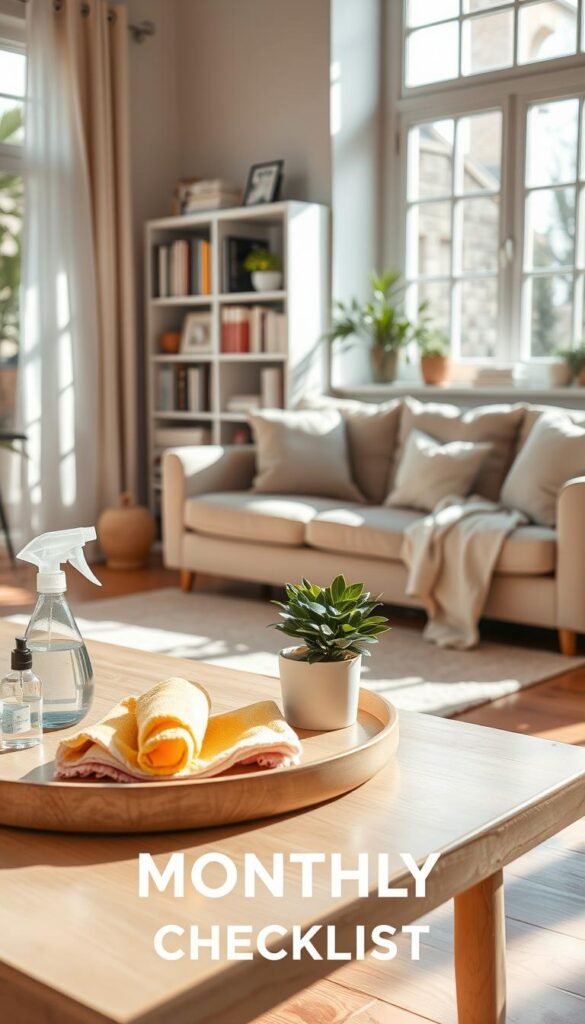 A serene cleaning scene depicting a cozy living room. In the foreground, a neatly organized coffee table with cleaning supplies like a spray bottle, microfiber cloth, and a small potted plant. In the middle, a comfortable sofa adorned with soft cushions, while a light, airy rug lays on the polished floor. Sunlight streams through large windows, creating gentle shadows and illuminating the freshly cleaned space. In the background, a bookshelf filled with neatly arranged books and personal touches. Soft, natural colors dominate the palette to evoke calmness and tidiness. The atmosphere is peaceful, encouraging a sense of order and relaxation, ideal for a monthly cleaning checklist. A serene cleaning scene depicting a cozy living room. In the foreground, a neatly organized coffee table with cleaning supplies like a spray bottle, microfiber cloth, and a small potted plant. In the middle, a comfortable sofa adorned with soft cushions, while a light, airy rug lays on the polished floor. Sunlight streams through large windows, creating gentle shadows and illuminating the freshly cleaned space. In the background, a bookshelf filled with neatly arranged books and personal touches. Soft, natural colors dominate the palette to evoke calmness and tidiness. The atmosphere is peaceful, encouraging a sense of order and relaxation, ideal for a monthly cleaning checklist.