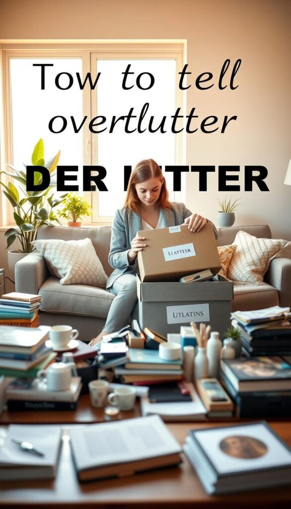 A serene, cluttered living room in the foreground with a stylish yet disorganized coffee table filled with various items like books, a teacup, and small decorative objects. In the middle ground, a person dressed in comfortable, professional attire calmly sorts through items, with a focused expression as they place belongings into a stylish, labeled box for decluttering. The background features warm, natural light streaming through a large window, illuminating a few indoor plants and a cozy sofa, enhancing the peaceful atmosphere. The overall mood is one of calm determination and clarity, illustrating the idea of tackling overwhelm through simple, methodical organization. A serene, cluttered living room in the foreground with a stylish yet disorganized coffee table filled with various items like books, a teacup, and small decorative objects. In the middle ground, a person dressed in comfortable, professional attire calmly sorts through items, with a focused expression as they place belongings into a stylish, labeled box for decluttering. The background features warm, natural light streaming through a large window, illuminating a few indoor plants and a cozy sofa, enhancing the peaceful atmosphere. The overall mood is one of calm determination and clarity, illustrating the idea of tackling overwhelm through simple, methodical organization.