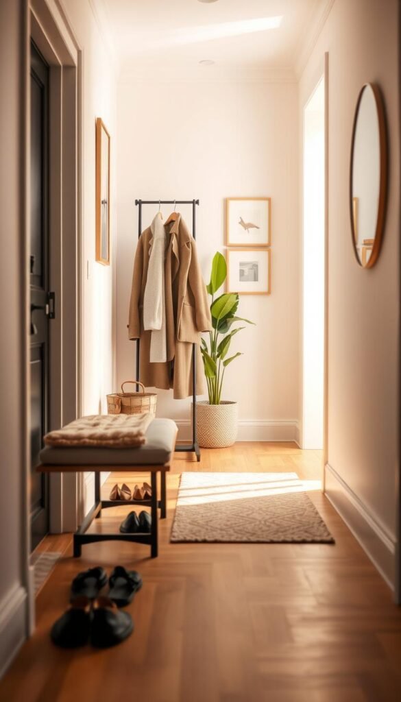 A serene entryway, featuring a gentle blend of warm, natural lighting that creates a welcoming atmosphere. In the foreground, a neatly arranged shoe rack with stylish shoes, next to a small bench topped with a cozy blanket. The middle ground showcases a sleek coat stand with a few elegant coats in soft colors, and a vibrant potted plant adding a touch of greenery. In the background, light-colored walls with framed art pieces and a circular mirror reflecting the space. The scene captures a sense of daily organization, embodying the routines of a gentle daily, weekly, and monthly refresh, with a calming and orderly vibe throughout. Soft focus lens effect for a dreamlike quality. A serene entryway, featuring a gentle blend of warm, natural lighting that creates a welcoming atmosphere. In the foreground, a neatly arranged shoe rack with stylish shoes, next to a small bench topped with a cozy blanket. The middle ground showcases a sleek coat stand with a few elegant coats in soft colors, and a vibrant potted plant adding a touch of greenery. In the background, light-colored walls with framed art pieces and a circular mirror reflecting the space. The scene captures a sense of daily organization, embodying the routines of a gentle daily, weekly, and monthly refresh, with a calming and orderly vibe throughout. Soft focus lens effect for a dreamlike quality.