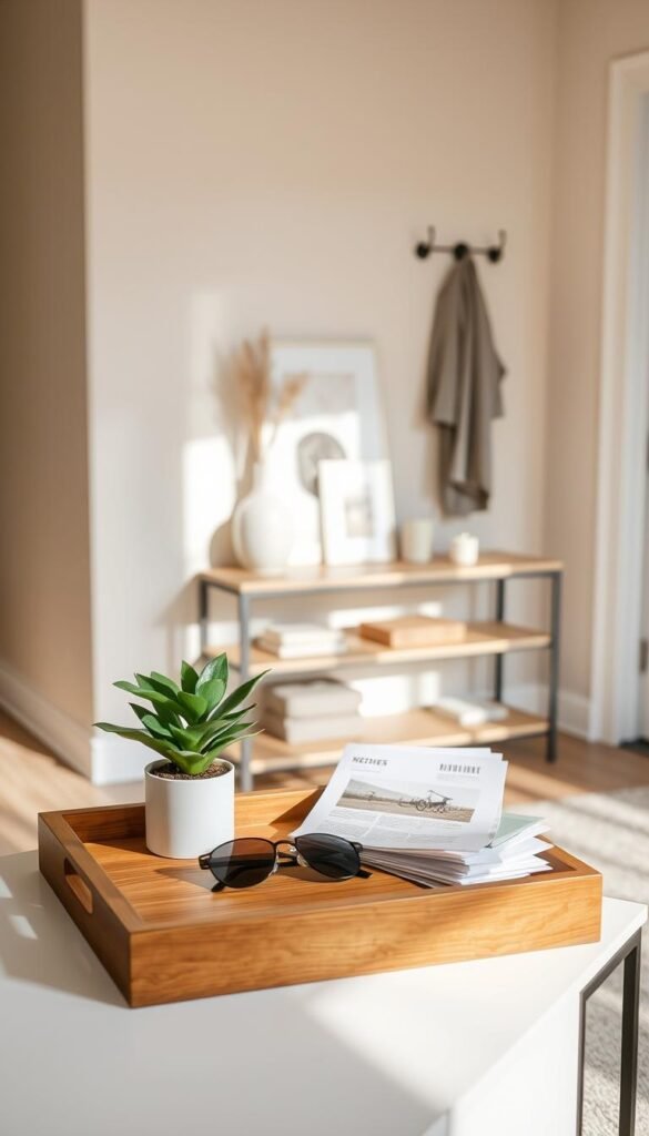 A serene entryway scene featuring a stylish, minimalist wooden tray placed on a modern console table. The foreground displays the tray filled with neatly arranged items: a small potted plant, a pair of sunglasses, and a stack of inviting, well-organized mail. The middle ground showcases the console table against a soft, pastel wall, with a few decorative items like a candle and a framed photo enhancing the calm atmosphere. In the background, a muted entryway rug and an elegant coat hook add depth to the space. Soft, natural lighting filters in, casting gentle shadows that evoke a tranquil mood. The scene is captured from a slightly elevated angle, showcasing the organized drop zone while maintaining a cozy, inviting feel. The image should feel fresh, organized, and calming without any text or distracting elements. A serene entryway scene featuring a stylish, minimalist wooden tray placed on a modern console table. The foreground displays the tray filled with neatly arranged items: a small potted plant, a pair of sunglasses, and a stack of inviting, well-organized mail. The middle ground showcases the console table against a soft, pastel wall, with a few decorative items like a candle and a framed photo enhancing the calm atmosphere. In the background, a muted entryway rug and an elegant coat hook add depth to the space. Soft, natural lighting filters in, casting gentle shadows that evoke a tranquil mood. The scene is captured from a slightly elevated angle, showcasing the organized drop zone while maintaining a cozy, inviting feel. The image should feel fresh, organized, and calming without any text or distracting elements.