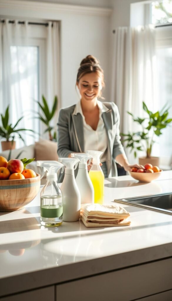 A serene home environment showcasing a "system rule routine" for daily cleaning habits. In the foreground, a sunlit kitchen with a polished table featuring organized cleaning supplies, such as eco-friendly sprays and cloths. A neatly arranged bowl of fresh fruit adds a pop of color. In the middle ground, a person dressed in smart casual attire thoughtfully cleans a surface, with a gentle smile that conveys a focused mindset. The background features a cozy living space with plants and light curtains softly filtering sunlight, creating an inviting atmosphere. Use soft, natural lighting to enhance the warmth and tranquility, with a shallow depth of field to gently blur the background while keeping the foreground sharp and clear. The overall mood is uplifting and motivating, reflecting a harmonious approach to home care. A serene home environment showcasing a "system rule routine" for daily cleaning habits. In the foreground, a sunlit kitchen with a polished table featuring organized cleaning supplies, such as eco-friendly sprays and cloths. A neatly arranged bowl of fresh fruit adds a pop of color. In the middle ground, a person dressed in smart casual attire thoughtfully cleans a surface, with a gentle smile that conveys a focused mindset. The background features a cozy living space with plants and light curtains softly filtering sunlight, creating an inviting atmosphere. Use soft, natural lighting to enhance the warmth and tranquility, with a shallow depth of field to gently blur the background while keeping the foreground sharp and clear. The overall mood is uplifting and motivating, reflecting a harmonious approach to home care.