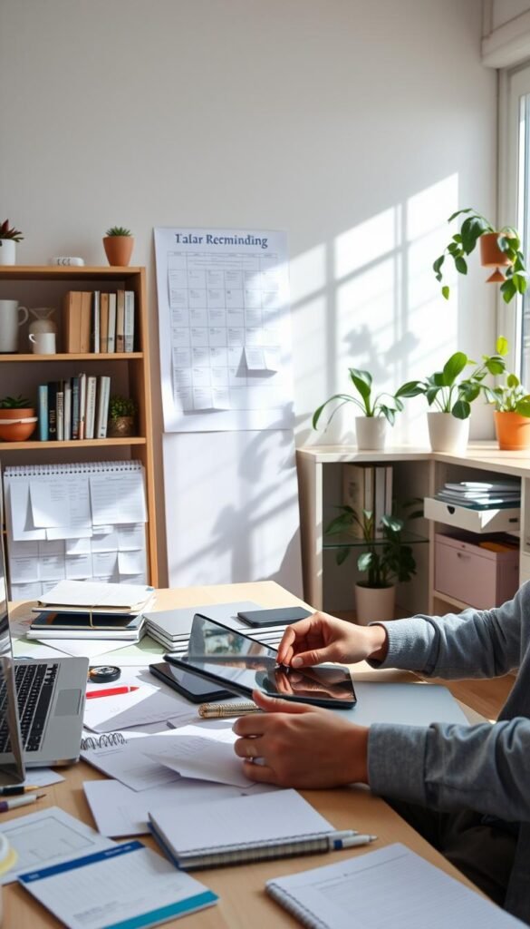 A serene home office scene depicting a person engaged in their daily declutter routine. In the foreground, a focused individual in professional casual attire is sorting through digital devices, such as a laptop and tablet, surrounded by neatly organized notes and stationery. In the middle ground, a wall calendar shows task reminders, while an open filing cabinet reveals labeled folders for efficient organization. The background features a calming bookshelf filled with books and plants that enhance the tranquil atmosphere. Soft, natural light pours in through a window, casting gentle shadows. The overall mood conveys a sense of clarity and productivity, highlighting the importance of maintaining a tidy digital environment. A serene home office scene depicting a person engaged in their daily declutter routine. In the foreground, a focused individual in professional casual attire is sorting through digital devices, such as a laptop and tablet, surrounded by neatly organized notes and stationery. In the middle ground, a wall calendar shows task reminders, while an open filing cabinet reveals labeled folders for efficient organization. The background features a calming bookshelf filled with books and plants that enhance the tranquil atmosphere. Soft, natural light pours in through a window, casting gentle shadows. The overall mood conveys a sense of clarity and productivity, highlighting the importance of maintaining a tidy digital environment.