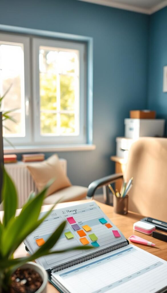 A serene home office scene, focusing on a well-organized desk with a daily planner open, color-coded sticky notes, and a tidy workspace. In the foreground, a potted plant adds a touch of greenery. The middle layer features a comfortable chair and a few organizing tools neatly placed around the desk. The background displays a window allowing natural light to flood the space, casting soft, warm shadows. A calm blue wall complements the atmosphere, promoting tranquility and clarity. Use a soft-focus lens effect to emphasize the organized elements. Aim for a bright, encouraging mood that inspires productivity and order, showcasing a clear path to effective cleaning and organization.
