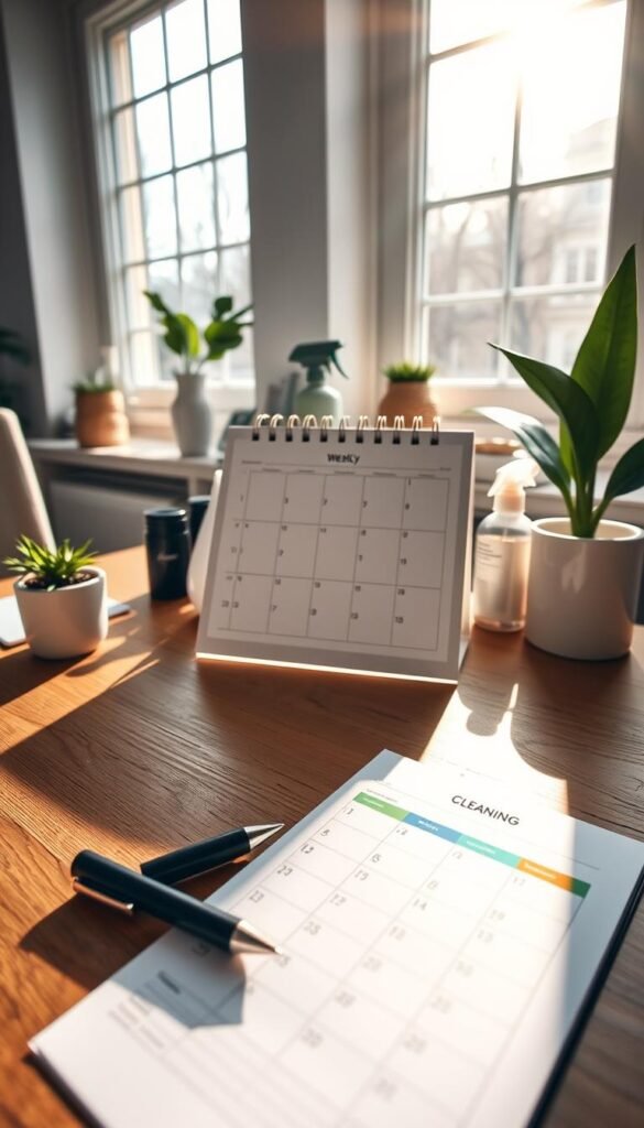 A serene home office setting during daylight, showcasing a neatly organized weekly cleaning schedule on a stylish, wooden desk. In the foreground, there's a printed weekly planner with colorful sections for daily chores, alongside a chic pen and a potted plant for a touch of greenery. In the middle, a modern calendar is slightly open, displaying the current week, emphasizing structure and planning. In the background, large windows allow warm sunlight to pour in, casting gentle shadows and creating an inviting atmosphere. The room is decorated with minimalistic decor and cleaning supplies, conveying a sense of calm and balance. Soft, natural light enhances the mood, making the space feel welcoming and productive, perfect for establishing a non-overwhelming cleaning cadence. A serene home office setting during daylight, showcasing a neatly organized weekly cleaning schedule on a stylish, wooden desk. In the foreground, there's a printed weekly planner with colorful sections for daily chores, alongside a chic pen and a potted plant for a touch of greenery. In the middle, a modern calendar is slightly open, displaying the current week, emphasizing structure and planning. In the background, large windows allow warm sunlight to pour in, casting gentle shadows and creating an inviting atmosphere. The room is decorated with minimalistic decor and cleaning supplies, conveying a sense of calm and balance. Soft, natural light enhances the mood, making the space feel welcoming and productive, perfect for establishing a non-overwhelming cleaning cadence.