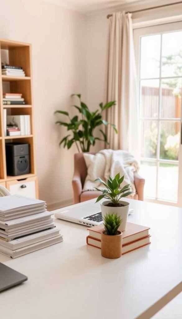 A serene home office space bathed in warm, natural light, showcasing an organized desk with neatly stacked books, a closed laptop, and a small indoor plant that adds a touch of greenery. In the foreground, a decluttered workspace emphasizes productivity, featuring stylish organizers and tools for daily reset routines. The middle layer includes a cozy chair with a soft throw blanket draped casually, hinting at comfort and creativity. In the background, a window reveals a calming view of a garden, suggesting tranquility and focus. The overall atmosphere is inviting and motivational, embodying a spirit of freshness and an inspiring environment for daily decluttering systems.