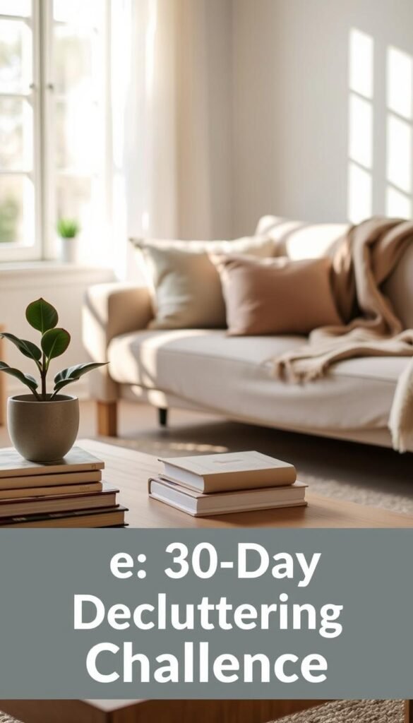 A serene, inviting living room scene highlighting the "30-Day Decluttering Challenge." In the foreground, a tidy coffee table with neatly stacked books and a peaceful potted plant. In the middle ground, a comfortable couch adorned with plush, neutral-colored cushions, with a cozy blanket draped over one arm. A soft area rug underneath suggests warmth and comfort. In the background, a sunlit window allows natural light to fill the room, illuminating the walls with gentle shadows. The atmosphere is calm and organized, evoking a sense of tranquility and purpose. Soft lighting enhances the inviting ambiance, promoting the idea of a fresh start and clarity. The scene should resonate with simplicity and inspiration for those embarking on their decluttering journey.