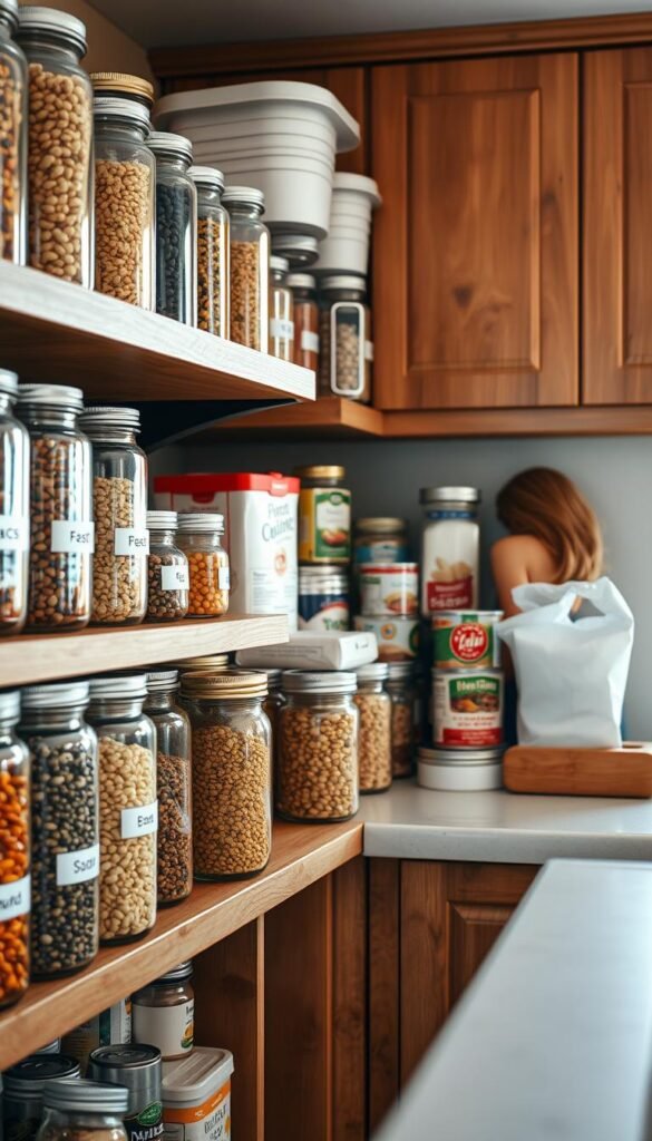 A serene kitchen pantry filled with organized pantry items, showcasing glass jars filled with grains, beans, and pasta. The foreground features a neatly arranged wooden shelf with colorful spices in elegant containers and labels, creating a vibrant contrast. In the middle, a variety of canned goods and baking essentials like flour and sugar are stacked harmoniously, with a wooden cutting board beside them. The background, softly blurred, exhibits warm wooden cabinetry and subtle lighting filtering through a window, enhancing the cozy atmosphere. The angle is slightly tilted, giving a dynamic perspective, while the overall mood is calm and inviting, emphasizing the ease of maintaining a clean and organized space.