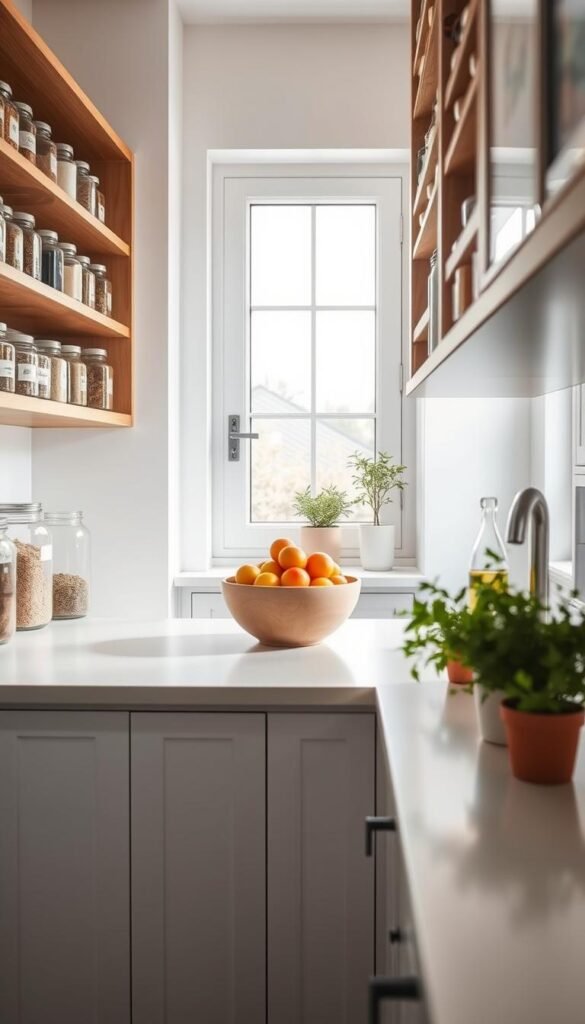 A serene kitchen pantry, showcasing an organized and calm atmosphere. In the foreground, sleek wooden shelves neatly display a variety of labeled jars filled with grains, spices, and dried herbs, contributing to a tidy and cohesive look. The middle ground features a light-colored countertop adorned with a minimalistic fruit bowl, creating a focal point of natural simplicity. In the background, soft, diffused daylight streams in through a large window, illuminating the scene and casting gentle shadows. A crisp white color palette enhances the mood of cleanliness and tranquility, while subtle greenery from potted herbs adds a touch of life. The overall feeling is inviting and peaceful, ideal for a winter cleaning guide. Avoid any signs of clutter or chaos. A serene kitchen pantry, showcasing an organized and calm atmosphere. In the foreground, sleek wooden shelves neatly display a variety of labeled jars filled with grains, spices, and dried herbs, contributing to a tidy and cohesive look. The middle ground features a light-colored countertop adorned with a minimalistic fruit bowl, creating a focal point of natural simplicity. In the background, soft, diffused daylight streams in through a large window, illuminating the scene and casting gentle shadows. A crisp white color palette enhances the mood of cleanliness and tranquility, while subtle greenery from potted herbs adds a touch of life. The overall feeling is inviting and peaceful, ideal for a winter cleaning guide. Avoid any signs of clutter or chaos.